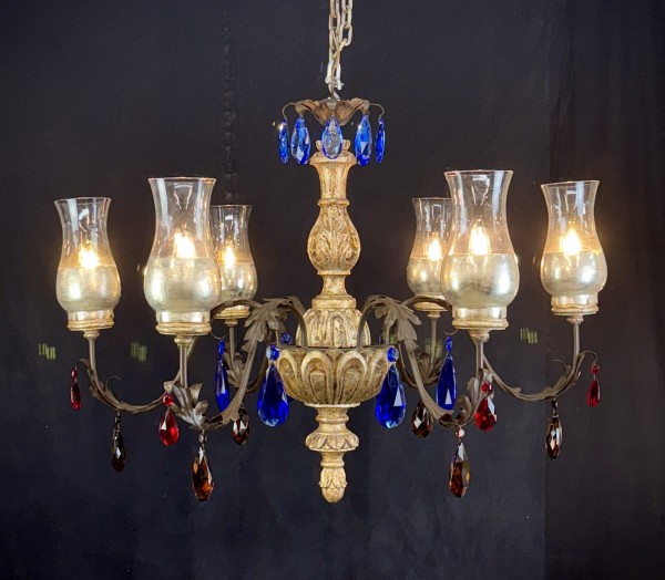 Carved Wood and Iron Chandelier