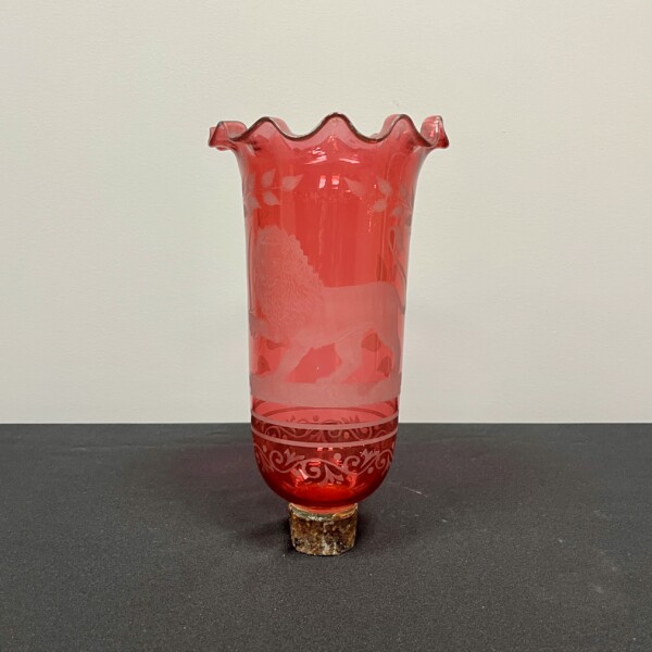 Red Glass Shade with Lion Etching and Frilled Edge